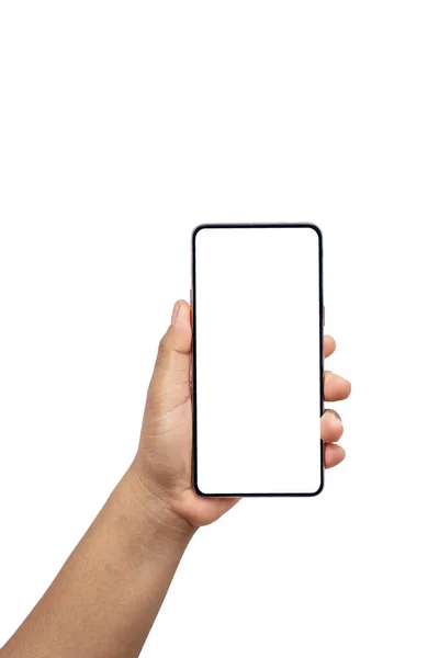 White Screen Phone Held Left Hand Isolated White Background Clipping — Fotografia de Stock