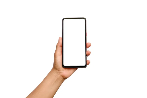 Mão Segurando Telefone Celular Com Tela Branco Fundo Branco Isolados — Fotografia de Stock