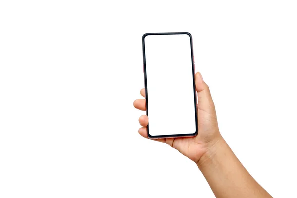 Die Hand Hält Den Weißen Bildschirm Das Handy Ist Isoliert — Stockfoto