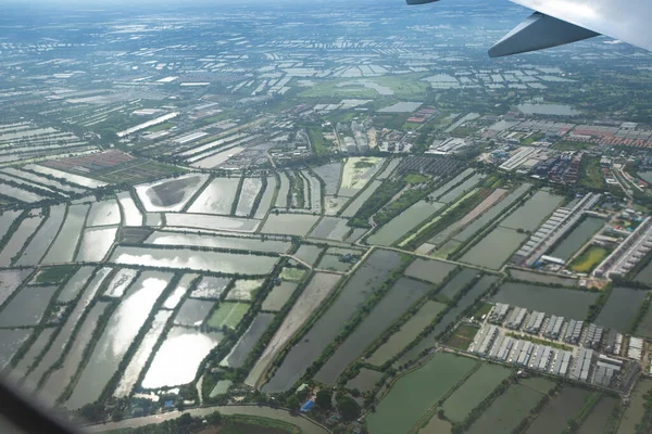 View Window Airplane Sees City Fields Sea Clouds See Flying — Stock Photo, Image