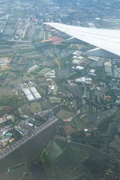 View Window Airplane Sees City Fields Sea Clouds See Flying — Stock Photo, Image