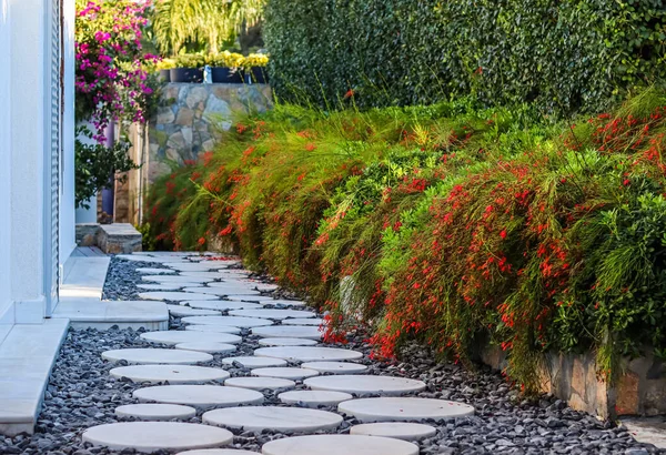 熱帯植物のある家の庭に黒い砂利の白い大理石の歩道 — ストック写真