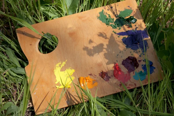 Palette with oil paint lying on the grass — Stock Photo, Image