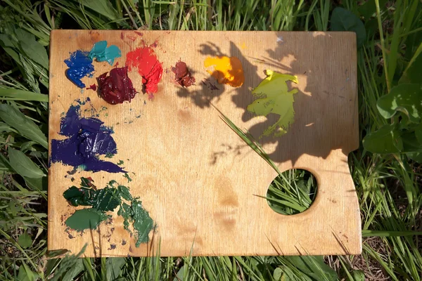 Palet ile yağlı boya çim üzerinde yalan — Stok fotoğraf