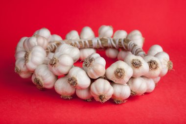 Ukraynalı geleneksel sarımsak parlak kırmızı zemin üzerine yuvarlak