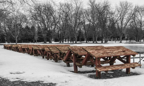 Kırmızı piknik masaları kar satırı — Stok fotoğraf