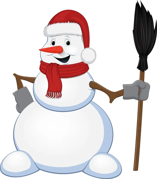 Cheerful snowman with a broom — Stock Vector