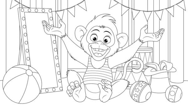 Ilustración vectorial, pequeño mono divertido se prepara para actuar en el escenario del circo — Archivo Imágenes Vectoriales