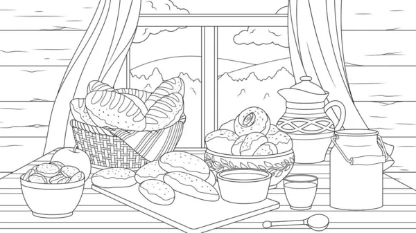 Ilustracja wektora, rustykalny stół przy oknie z domowymi ciastami — Wektor stockowy
