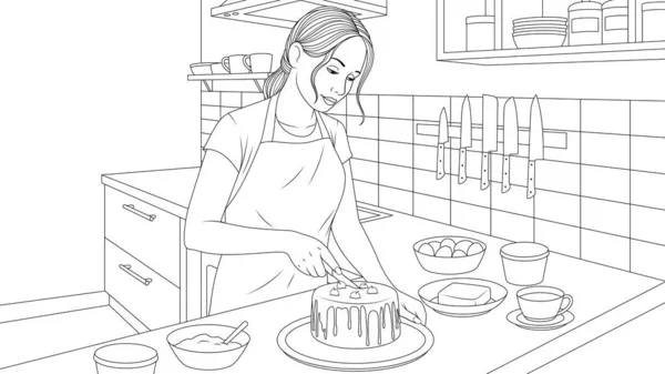 Ilustração do vetor, menina bonita prepara um bolo na cozinha em casa — Vetor de Stock