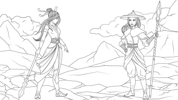 Ilustração vetorial, duas belas guerreiras preparando-se para um duelo nas rochas — Vetor de Stock