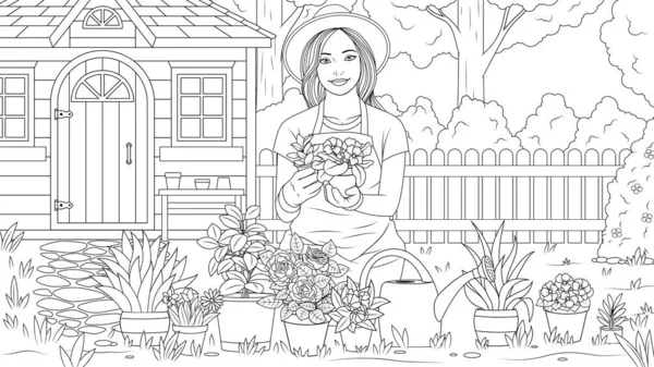Vektor illusztráció, gyönyörű lány kertész, növények virágok a kertben Stock Illusztrációk
