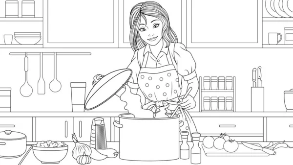 Ilustración vectorial, hermosa chica prepara el almuerzo para la familia en la cocina Ilustraciones de stock libres de derechos