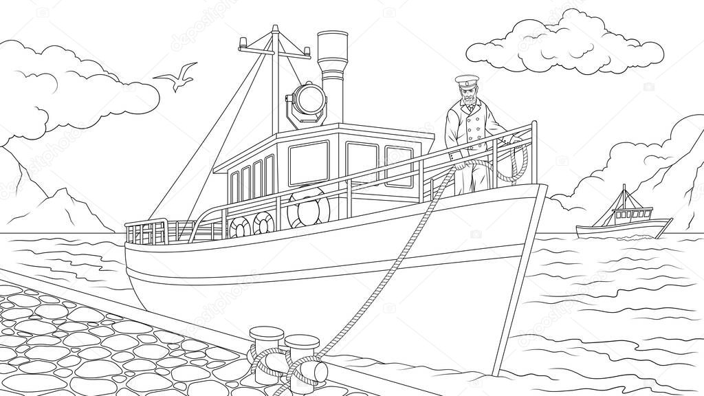 Vector illustration, fishing boat at the pier
