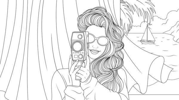 Illustrazione vettoriale, ragazza con una macchina fotografica in vacanza — Vettoriale Stock