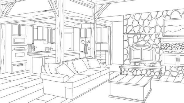 Vektorová ilustrace, obývací pokoj kuchyňský interiér ve venkovském domě Stock Vektory