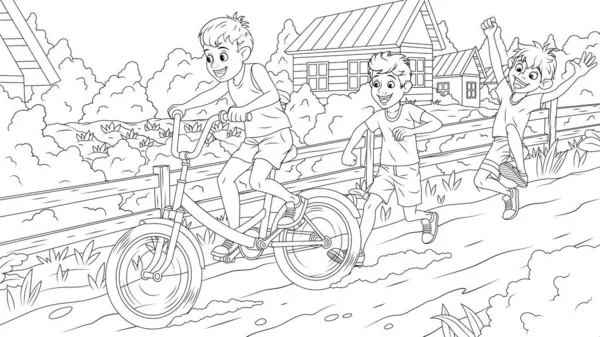 Vektor illustration, glada barn rida cyklar på landsbygden Vektorgrafik