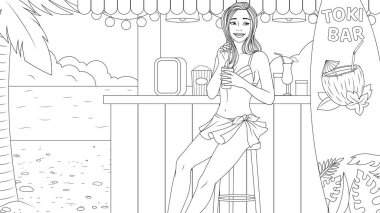Vector illustration, beautiful cute cheerful girl drinking a cocktail on the beach