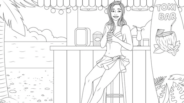Illustration vectorielle, belle fille mignonne gaie buvant un cocktail sur la plage — Image vectorielle