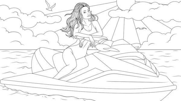 Ilustración vectorial, una hermosa chica monta una moto acuática, vacaciones junto al mar Vector De Stock