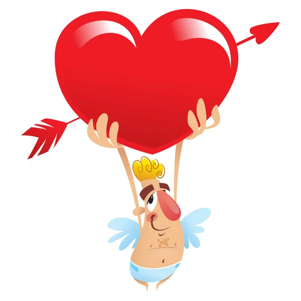 Cupido segurando um grande coração — Vetor de Stock