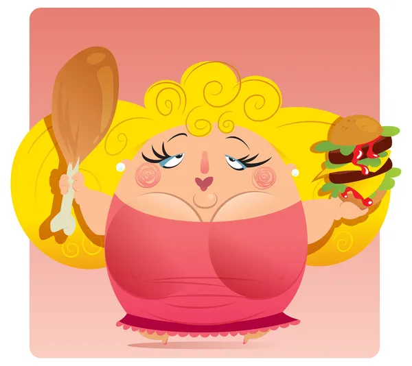 Fat woman holding food — Stock Vector