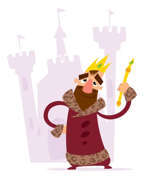 Feliz rey de dibujos animados frente a su castillo — Vector de stock