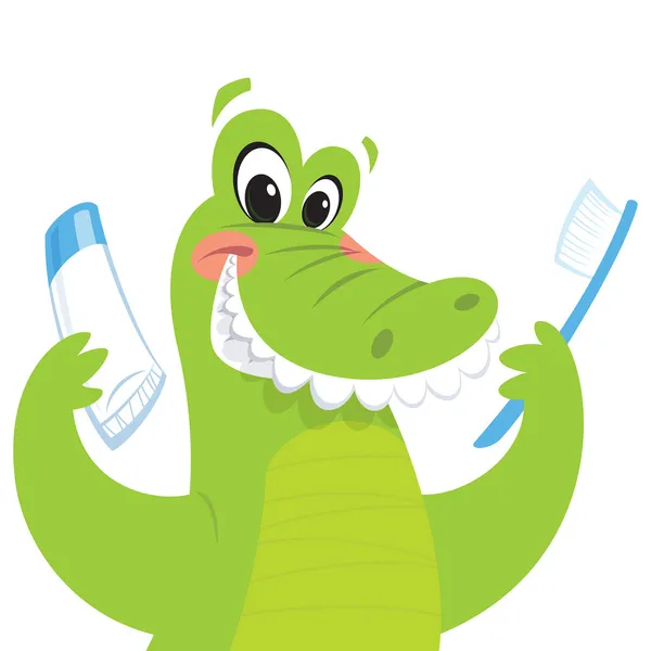 Diş fırçası ve diş macunu elinde mutlu timsah — Stok Vektör