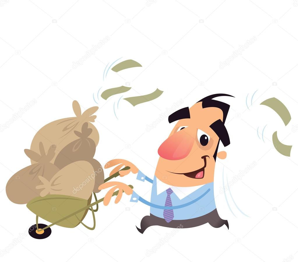 Man running carrying a trolley full of money
