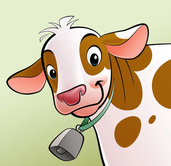 Vaca sorridente com pontos marrons e um cowbell — Fotografia de Stock