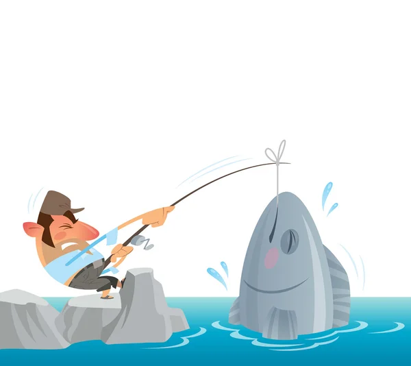 Pescador coger y sacar del mar un pez grande — Vector de stock