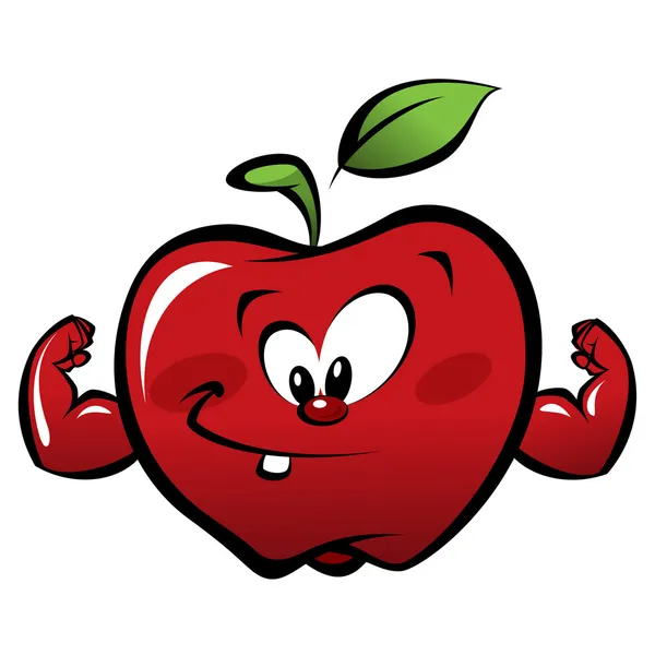 Fröhlicher Cartoon starker roter Apfel macht eine Machtgeste — Stockvektor