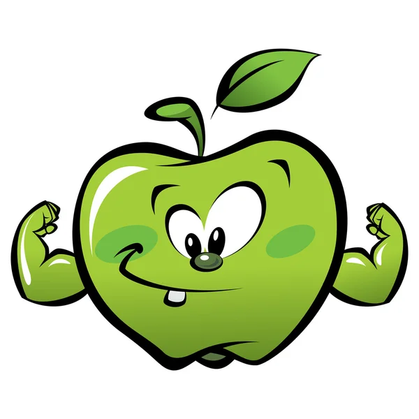 Happy dessin animé pomme verte forte faire un geste de puissance — Image vectorielle