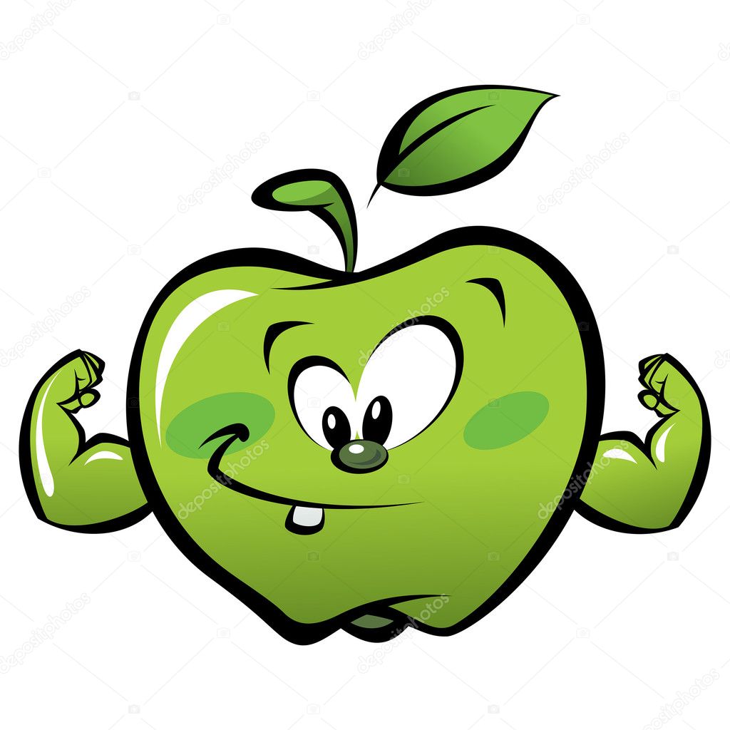 Happy cartoon strong green apple making a power gesture