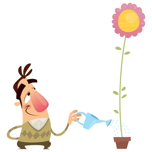 Glad cartoon man trädgårdsmästare vattning blomma som växer snabbt — Stock vektor