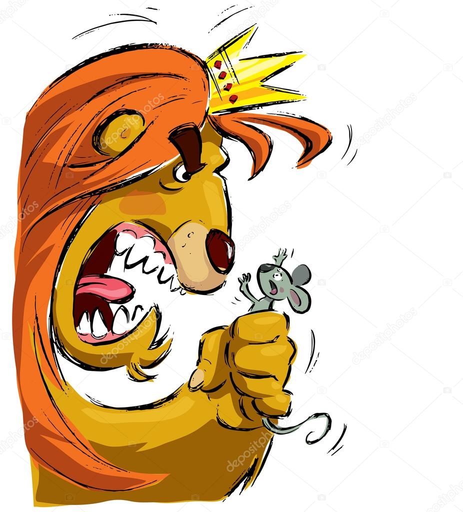 Cartoon lion holding a mouse frightening it