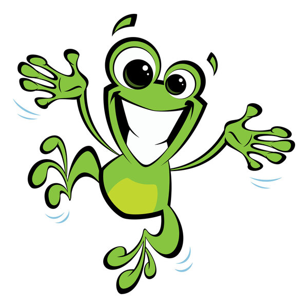 Happy cartoon smiling frog jumping excited