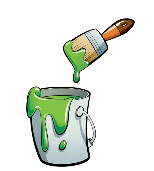 Cartoon green color paint in a paint bucket painting with paint — Stock Photo, Image