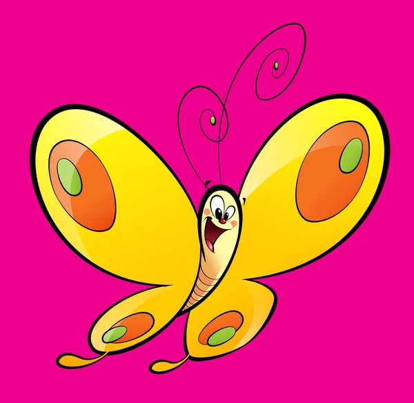 Cartoon yellow happy baby butterfly flying in a magenta backgrou — Stock Photo, Image