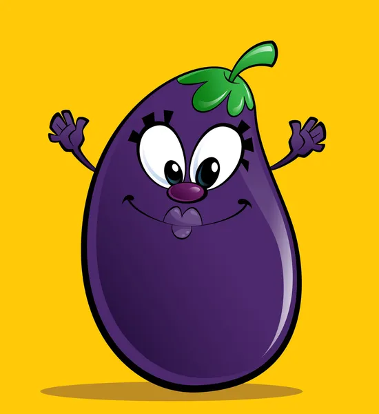 Cartoon happy purple eggplant gesturing happily in a yellow back — Stock Photo, Image