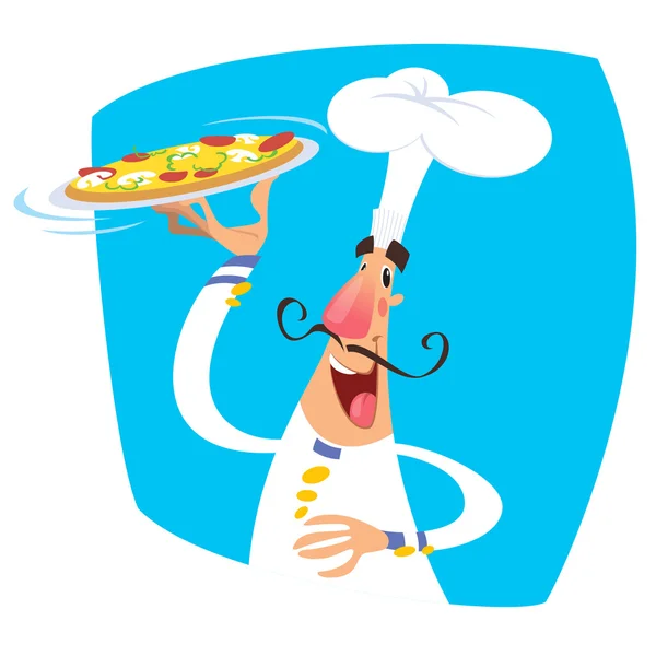 Desenhos animados feliz sorrindo chef servindo uma pizza em uma bandeja vestindo um t — Vetor de Stock
