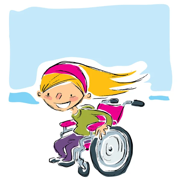 Happy cartoon smiling blonde girl in magenta wheelchair moving f — Stock Vector