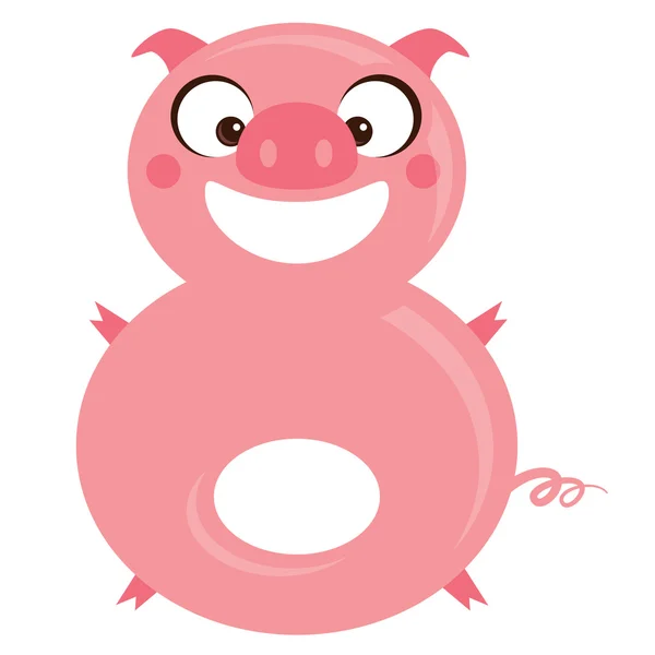 Número 8 divertido cerdo sonriente de dibujos animados — Vector de stock