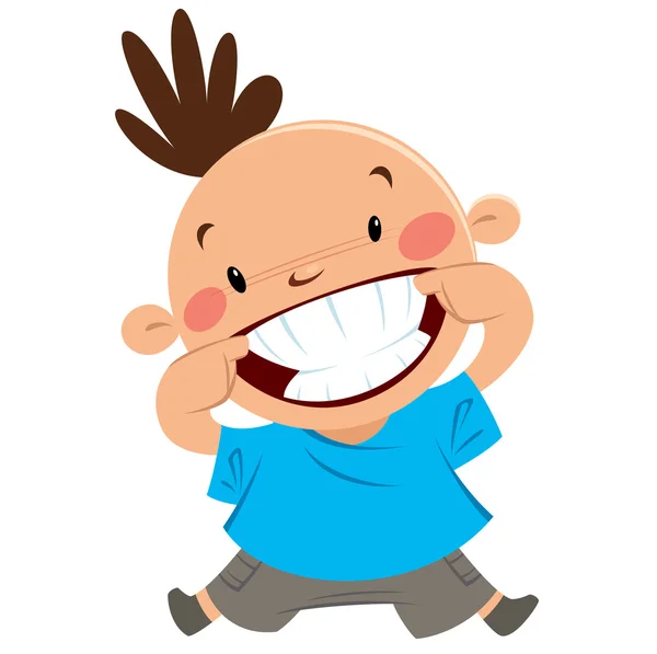Happy boy smiling pointing his smile and teeth — Stock Vector