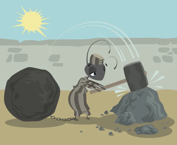 Ant prisoner with chains ball working hard breaking rocks — Stockvector