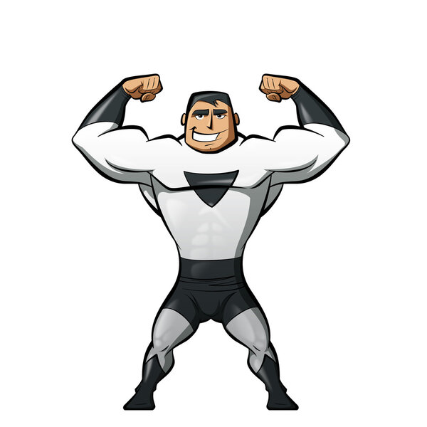 Super strong hero in black and white suit in a power gesture
