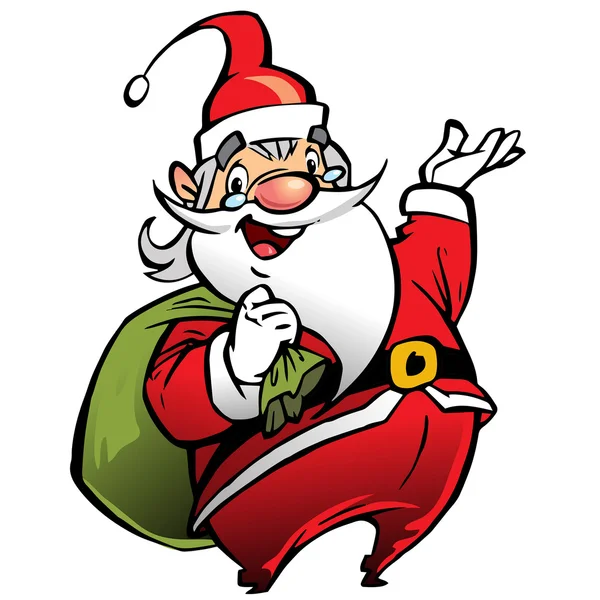 Feliz sonriente personaje de dibujos animados de Santa Claus llevando una bolsa — Vector de stock