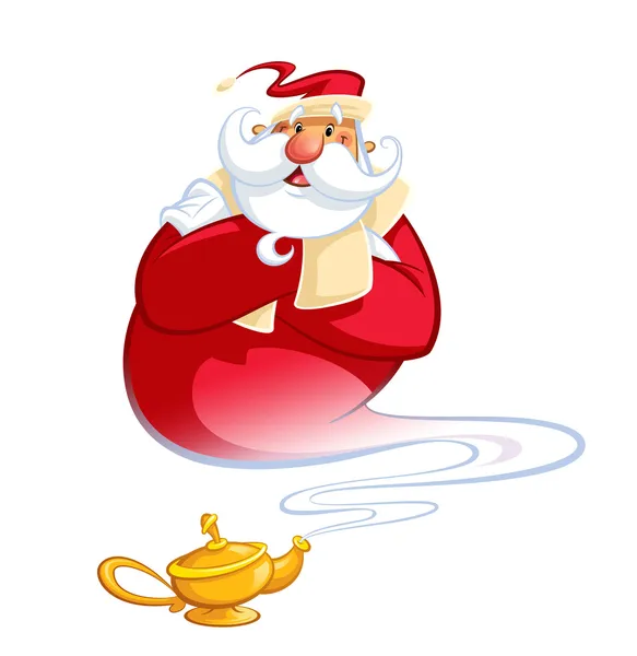 Feliz caricatura sonriente genio Santa Claus saliendo de un oi magia —  Fotos de Stock