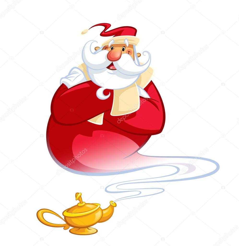 Happy smiling cartoon genie Santa Claus coming out of a magic oi