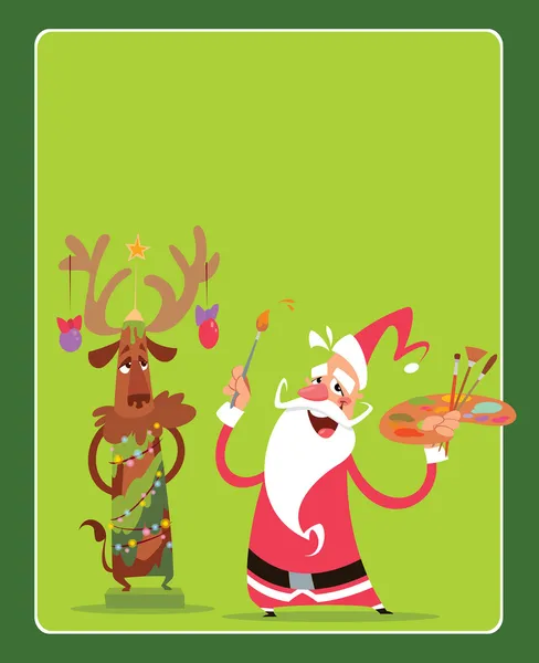 Christmas concept greeting card with Santa Claus and reindeer ch — Stock Vector